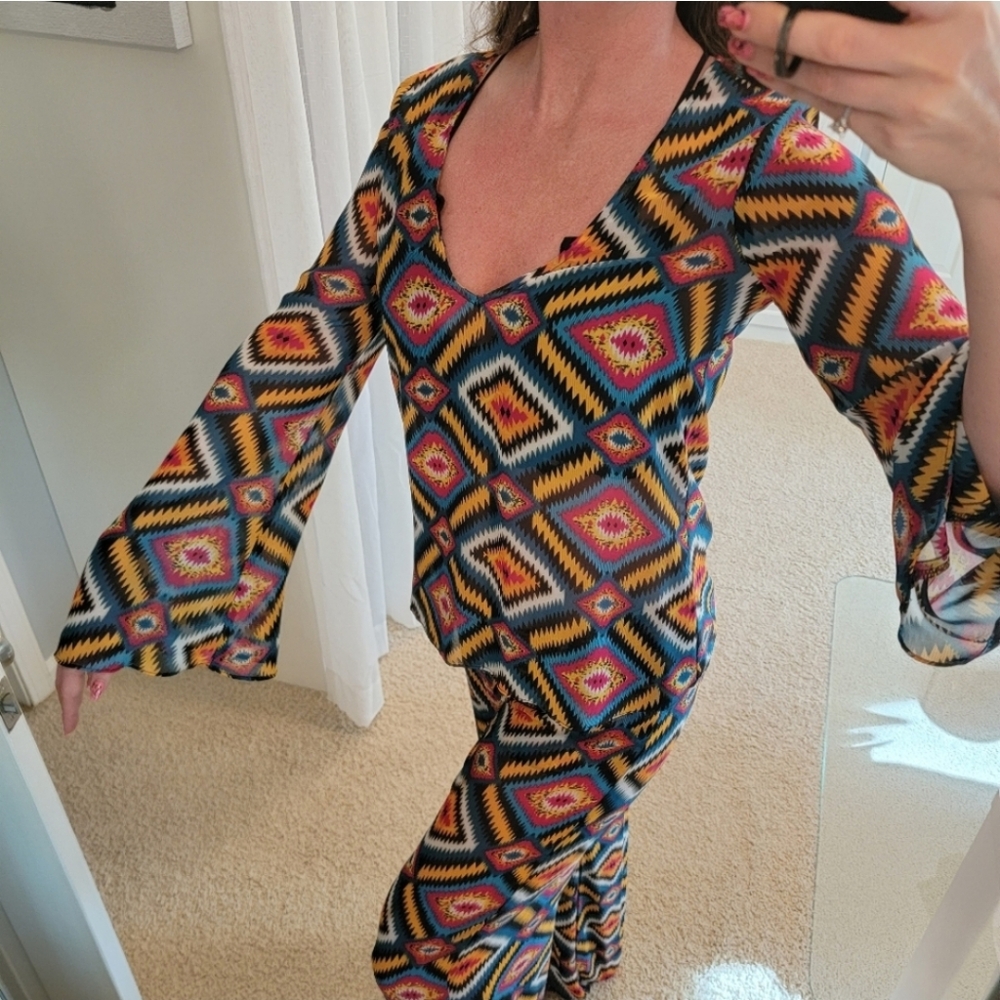 Show Me Your Mumu Geometric Vintage Sheer Top Size Medium Blue & Red